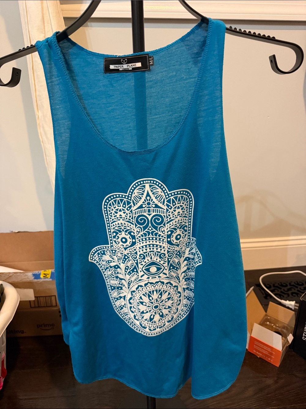 Paper Plane Teal Graphic Hamsa Tank Top